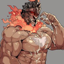 Rule 34 | 1boy, abs, bara, bare pectorals, chest hair, fire, food, food on body, food on face, glowing, glowing eyes, helmet, large pectorals, male focus, muscular, nantaimori, nipples, pectorals, red eyes, rybiok, sexually suggestive, solo, surtr (housamo), tokyo houkago summoners, upper body, veins