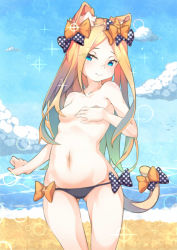 Rule 34 | 1girl, abigail williams (fate), animal ears, beach, bikini, bikini bottom only, black bikini, blonde hair, blue eyes, breasts, cat ears, cat tail, cloud, covering privates, covering one breast, day, fate/grand order, fate (series), groin, hair over one breast, highres, long ba (fred9116), long hair, lowleg, lowleg bikini, navel, ocean, outdoors, sky, small breasts, solo, sparkle, swimsuit, tail, thigh gap, topfreedom, topless, very long hair