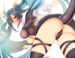 Rule 34 | 1girl, ass, asymmetrical wings, black panties, boots, breasts, dizzy (guilty gear), guilty gear, guilty gear x, guilty gear xx, hair ribbon, kokouno oyazi, looking at viewer, looking back, monster girl, panties, puffy sleeves, red eyes, ribbon, skindentation, solo, tail, thick thighs, thigh boots, thighhighs, thighs, twintails, underboob, underwear, wings, yellow ribbon
