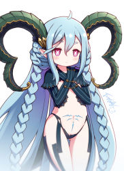 Rule 34 | 1girl, ahoge, black capelet, blue hair, blush, braid, capelet, commentary request, curled horns, eyebrows hidden by hair, fate/grand order, fate (series), gluteal fold, gradient hair, hair between eyes, hands up, highres, horns, langbazi, long hair, multicolored hair, navel, pubic tattoo, purple eyes, purple hair, revealing clothes, short eyebrows, signature, simple background, solo, stomach tattoo, symbol-shaped pupils, tattoo, thick eyebrows, thigh gap, tiamat (fate), twin braids, very long hair, white background