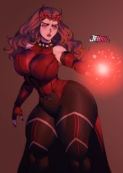 Rule 34 | 1girl, animification, black pants, breasts, brown hair, curvy, elbow gloves, fingerless gloves, gloves, helmet, highres, jay-marvel, large breasts, lips, long hair, magic, marvel, marvel cinematic universe, pants, red gloves, scarlet witch, solo, thick thighs, thighs, tight clothes, tight pants, wanda maximoff, wandavision, wide hips, witch