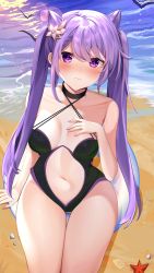 Rule 34 | 1girl, absurdres, animal ears, bad id, bad pixiv id, bare legs, beach, black one-piece swimsuit, blush, breasts, chinese commentary, cleavage, closed mouth, collarbone, flower, genshin impact, hair flower, hair ornament, hand on own chest, highres, innertube, keqing (genshin impact), lens flare, long hair, nail polish, navel, niduannowu, ocean, one-piece swimsuit, outdoors, purple eyes, purple hair, sand, seashell, shell, sitting, small breasts, solo, starfish, swim ring, swimsuit, thighs, twintails