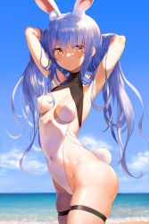 Rule 34 | 1girl, absurdres, animal ears, arms up, bare shoulders, beach, blue hair, blue sky, blush, breasts, casual one-piece swimsuit, center opening, covered navel, day, hair down, highleg, highleg swimsuit, highres, hololive, kokono (kokonokami), long hair, looking at viewer, medium breasts, navel, ocean, one-piece swimsuit, orange eyes, outdoors, rabbit ears, rabbit girl, rabbit tail, sand, shiny skin, sky, smile, solo, standing, swimsuit, tail, thigh strap, usada pekora, virtual youtuber, wet, white one-piece swimsuit