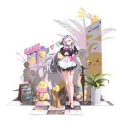 Rule 34 | 1girl, 2boys, absurdres, apron, black gloves, braid, braided ponytail, breasts, chalkboard sign, checkered floor, child, chinese commentary, clothing cutout, crane game, earrings, english text, eyeliner, forehead, frills, full body, gloves, grey hair, high heels, highres, horns, jewelry, large breasts, looking at viewer, maid, maid apron, maid cafe, makeup, megaphone, mole, mole under eye, mu si (africas), multiple boys, necktie, original, pink necktie, plant, planted, planted umbrella, puffy sleeves, purple eyes, reflection, scarf, sign, skirt, stuffed animal, stuffed toy, thighs, umbrella, underboob, underboob cutout, waist apron, white background