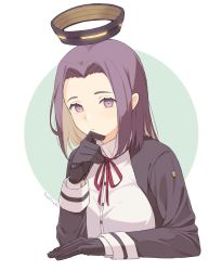 Rule 34 | 1girl, black gloves, commentary request, gloves, halo, highres, ichiroku (sakumogu-029), kantai collection, long sleeves, looking at viewer, mechanical halo, neck ribbon, purple eyes, purple hair, red ribbon, ribbon, short hair, solo, tatsuta (kancolle), two-tone background, upper body, white background