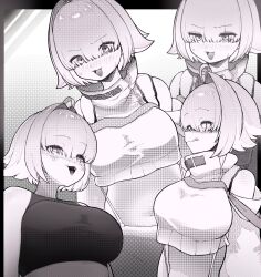 Rule 34 | 1girl, :d, :q, ahoge, blush, breasts, clothing cutout, crop top, crop top overhang, cropped sweater, elegg (nikke), embarrassed, exposed pocket, goddess of victory: nikke, hair intakes, hair over eyes, highres, large breasts, long bangs, long sleeves, monochrome, multiple views, navel, open mouth, short hair, shorts, shoulder cutout, smile, sports bra, suspender shorts, suspenders, thighs, tongue, tongue out, wanawanya