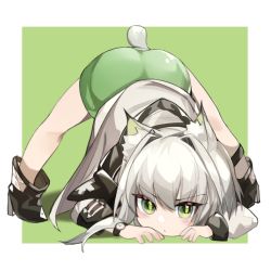 Rule 34 | 1girl, absurdres, animal ear fluff, animal ears, arknights, black footwear, cat ears, cat girl, cat tail, chinese commentary, commentary request, dress, green dress, green eyes, green hair, hair intakes, highres, jack-o&#039; challenge, jacket, kal&#039;tsit (arknights), medium hair, see-through, solo, tabayashi, tail, watch, white jacket, wristwatch