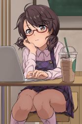Rule 34 | 1girl, arm support, bad id, bad pixiv id, brown eyes, brown hair, buttons, collared shirt, computer, cup, dress, dress shirt, drinking straw, fingernails, glasses, head rest, kneehighs, laptop, long sleeves, looking at viewer, low twintails, notebook, pinafore dress, pink shirt, pink socks, plaid, plaid dress, pleated dress, purple dress, red-framed eyewear, semi-rimless eyewear, shirt, short dress, sitting, sleeveless dress, socks, solo, starbucks, stool, table, thighs, touhou, toujou (toujou ramen), twintails, under-rim eyewear, under table, usami sumireko, white shirt