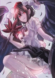 Rule 34 | 1girl, ass, bad id, bad pixiv id, black hair, black ribbon, black skirt, breasts, chromatic aberration, commentary request, feathers, feet out of frame, folding fan, grey background, grin, hair between eyes, hand fan, hat, highres, holding, holding fan, jan (lightdragoon), light particles, looking at viewer, medium breasts, neck ribbon, petticoat, pom pom (clothes), puffy short sleeves, puffy sleeves, red eyes, ribbon, shameimaru aya, shirt, short hair, short sleeves, simple background, skirt, smile, solo, thighs, tokin hat, touhou, white shirt