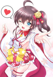 Rule 34 | 1girl, ahoge, animal print, bad id, bad twitter id, bare shoulders, blue eyes, breasts, bridal garter, brown hair, cat print, cherry blossom print, cherry blossoms, cosplay, costume switch, finger gun, floral print, frills, hair between eyes, hasanishi, heart, hololive, loose clothes, medium hair, natsuiro matsuri, one eye closed, one side up, paw print, paw print pattern, petals, sakura miko, sakura miko (1st costume), sakura miko (cosplay), sideboob, single thighhigh, small breasts, speech bubble, thighhighs, virtual youtuber, white background, white thighhighs