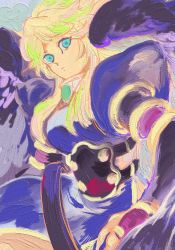 Rule 34 | 1girl, angel wings, anzuni (marblefrog), black wings, blonde hair, blue dress, breath of fire, breath of fire ii, bridal gauntlets, closed mouth, commentary request, dress, feathered wings, from side, green eyes, highres, long hair, nina (breath of fire ii), puffy sleeves, purple wings, signature, simple background, solo, wings