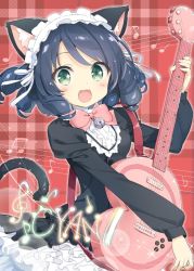 Rule 34 | 10s, 1girl, :d, animal ears, bell, black hair, blush, bow, cat ears, cat tail, character name, curly hair, cyan (show by rock!!), dress, fang, green eyes, guitar, hairband, instrument, jingle bell, kani biimu, lolita fashion, lolita hairband, looking at viewer, musical note, open mouth, pink bow, quaver, show by rock!!, smile, solo, strawberry heart (show by rock!!), tail, treble clef