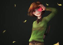 Rule 34 | :d, androgynous, black background, brown eyes, brown hair, chara (undertale), collared shirt, covering one eye, cowboy shot, croakdrib, gender request, heart, knife, knife behind back, open mouth, petals, shirt, simple background, smile, solo, spoilers, striped clothes, striped sweater, sweater, undertale