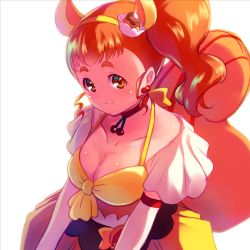 Rule 34 | 10s, 1girl, alternate breast size, animal ears, arisugawa himari, breasts, brown eyes, brown hair, cake hair ornament, choker, cleavage, closed mouth, commentary request, cure custard, earrings, food-themed hair ornament, hair ornament, highres, jewelry, kirakira precure a la mode, looking at viewer, medium breasts, precure, red choker, sayousuke, side ponytail, simple background, smile, solo, squirrel ears, squirrel tail, tail, white background