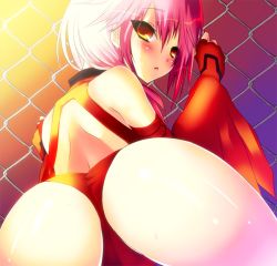 Rule 34 | 10s, 1girl, ass, ayakichi, bare shoulders, bent over, blush, chain-link fence, detached sleeves, fence, fingerless gloves, gloves, guilty crown, huge ass, long hair, looking at viewer, looking back, pink hair, solo, twintails, yellow eyes, yuzuriha inori