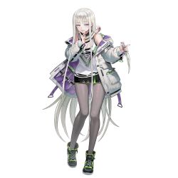 Rule 34 | 1girl, :p, black skirt, cheona (last origin), coat, dagger, forked tongue, full body, grey pantyhose, high tops, highres, knife, last origin, long hair, looking at viewer, miniskirt, nail polish, official art, pantyhose, purple eyes, shoes, silver hair, skirt, smile, snake, sneakers, solo, tachi-e, taesi, tank top, throwing knife, tongue, tongue out, transparent background, very long hair, weapon