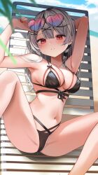 Rule 34 | 1girl, aamana0, absurdres, arms up, bare shoulders, beach, bikini, black hair, blush, breasts, cleavage, day, eyewear lift, feet, feet out of frame, grey hair, hair ornament, heart, heart-shaped eyewear, highres, hololive, large breasts, legs, long hair, looking at viewer, multicolored hair, outdoors, red eyes, sakamata chloe, solo, spread legs, streaked hair, swimsuit, toes, virtual youtuber, x hair ornament