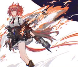 Rule 34 | 1girl, absurdres, animal ears, arknights, bird ears, bird tail, black gloves, black jacket, black skirt, collared shirt, fiammetta (arknights), fire, gloves, gun, high-waist skirt, highres, holding, holding gun, holding weapon, id card, jacket, long sleeves, looking at viewer, open clothes, open jacket, red eyes, red hair, shirt, shirt tucked in, short hair, shuimo, skirt, solo, tail, weapon, white shirt