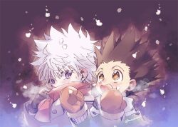 Rule 34 | 2boys, artist name, black gloves, blush, brown eyes, child, commentary request, gloves, happy, hunter x hunter, long sleeves, looking at another, male focus, mochizuki akari, multiple boys, open mouth, purple eyes, red gloves, scarf, simple background, snowing, spiked hair, white hair, wide-eyed