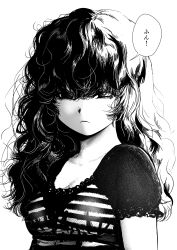 Rule 34 | 1girl, absurdres, black hair, greyscale, highres, long hair, looking at viewer, momimomimomooon, monochrome, original, shadow, short sleeves, simple background, solo, speech bubble, upper body, white background