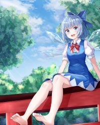 Rule 34 | 1girl, absurdres, bad id, bad pixiv id, barefoot, blouse, blue bow, blue dress, blue eyes, blue hair, blue sky, blush, bow, cirno, cloud, day, dress, hair bow, highres, huge filesize, ice, ice wings, legs, looking at viewer, open mouth, outdoors, pinafore dress, puffy short sleeves, puffy sleeves, red neckwear, shirt, short hair, short sleeves, sitting, sitting on torii, sky, sleeveless dress, smile, soles, solo, sunlight, teeth, torii, touhou, upper teeth only, white shirt, wings, zeroillya