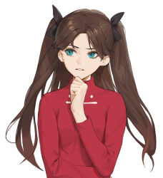 Rule 34 | 1girl, black ribbon, brown hair, cotta (heleif), fate/stay night, fate (series), green eyes, hand on own chin, highres, long hair, looking to the side, parted lips, ribbon, solo, thinking, tohsaka rin, turtleneck, twintails, white background