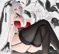 Rule 34 | 1girl, absurdly long hair, aegir (azur lane), aegir (golden dragon among auspicious clouds) (azur lane), anti kumo, ass press, azur lane, black garter straps, black gloves, blush, breasts, cleavage, crossed legs, demon horns, garter straps, gloves, hair on horn, holding, holding brush, holding paintbrush, horn ornament, horns, large breasts, long hair, multicolored hair, official alternate costume, paint on body, paintbrush, red hair, sideless outfit, sitting, skindentation, streaked hair, thighs, very long hair, white hair, yellow eyes