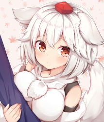 Rule 34 | 1girl, animal ears, arm grab, arm hug, breast press, breasts, commentary request, detached sleeves, hat, inubashiri momiji, large breasts, red eyes, red headwear, rururiaru, short hair, solo focus, tail, tokin hat, touhou, upper body, white hair, wolf ears, wolf tail