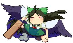 Rule 34 | 1girl, ahoge, arm cannon, asymmetrical footwear, bird wings, black hair, black socks, black wings, blush, bow, breasts, brown footwear, cape, closed mouth, collared shirt, commentary request, control rod, frilled shirt collar, frilled skirt, frills, full body, green bow, green skirt, hair bow, highres, hospital king, long hair, looking at viewer, medium bangs, medium breasts, mismatched footwear, puffy short sleeves, puffy sleeves, red eyes, reiuji utsuho, shirt, shoes, short sleeves, simple background, single shoe, skirt, smile, socks, solo, starry sky print, superhero landing, third eye, touhou, weapon, white background, white cape, white shirt, wings, yukkuri shiteitte ne