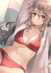 Rule 34 | 1girl, :o, alternate costume, arm up, bikini, breasts, brown eyes, brown hair, cleavage, commentary request, drill hair, hair between eyes, highres, kantai collection, kasumi (skchkko), large breasts, long hair, looking at viewer, navel, open clothes, open mouth, open shirt, pola (kancolle), red bikini, shirt, solo, stomach, swimsuit, tagme, white shirt