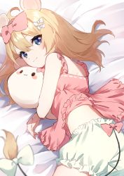 Rule 34 | 1girl, absurdres, ahoge, animal ears, bare shoulders, blonde hair, blue eyes, bow, closed mouth, green bow, hair between eyes, highres, long hair, looking at viewer, mochizuki mochi, original, pink bow, smile, stuffed animal, stuffed toy, tail, white bow