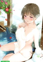 Rule 34 | 1girl, absurdres, bathing, blush, breasts, brown hair, cleavage, covered navel, covering privates, covered erect nipples, flower, highres, large breasts, looking at viewer, melonbooks, naked towel, nude cover, onsen, parted lips, purple eyes, scan, see-through silhouette, short hair, single sidelock, sitting, smile, snow, snowman, soaking feet, solo, steam, towel, umakuchi shouyu, wet, yokozuwari