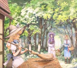Rule 34 | 3girls, alice margatroid, apron, basket, blonde hair, blue dress, blunt bangs, bob cut, book, braid, broom, capelet, commentary request, dappled sunlight, day, dress, forest, hat, high collar, highres, holding, holding basket, holding book, holding broom, house, kirisame marisa, long hair, mob cap, multiple girls, nature, outdoors, patchouli knowledge, profile, purple capelet, purple dress, purple eyes, purple hair, shiratama (hockey), short hair, single braid, standing, sunlight, sweeping, touhou, trail, tree, waist apron, white capelet, witch hat, yellow eyes