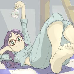 Rule 34 | 00s, 1girl, arm up, bad id, bad pixiv id, barefoot, feet, flcl, foreshortening, glasses, green eyes, holding, howoji, long hair, lying, ninamori eri, on back, pajamas, purple hair, sleeves rolled up, smile, soles, solo, toes