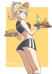 Rule 34 | 1girl, :o, alternate costume, aqua socks, ass, bare shoulders, black shirt, black shorts, blonde hair, blush, border, brat (brabrabrat00), breasts, burger, clothes writing, commentary, crop top, cup, double-parted bangs, double vertical stripe, drinking glass, drinking straw, english text, feet out of frame, food, french fries, green eyes, hair between eyes, hair ornament, hat, highres, holding, holding tray, hololive, hot sauce, kazama iroha, leaf hair ornament, looking at viewer, medium breasts, melon soda, open mouth, outside border, panties visible through clothes, ponytail, romaji text, shirt, short shorts, shorts, sleeveless, sleeveless shirt, socks, solo, standing, symbol-only commentary, thighs, tray, turning head, virtual youtuber, visor cap, waitress, white border, wristband, yellow background, yellow hat