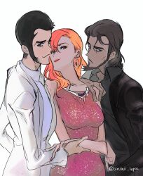 1girl 2boys arsene_lupin_iii beard black_hair black_jacket brown_hair dress earrings facial_hair glitter_dress hand_on_another&#039;s_shoulder hand_on_another&#039;s_wrist highres jacket jewelry jigen_daisuke jinjinji_lupin looking_at_viewer lupin_iii mine_fujiko multiple_boys necklace orange_hair protected_link sideburns sleeveless sleeveless_dress white_jacket