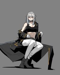 Rule 34 | 1girl, ankle boots, black bodysuit, black coat, black sports bra, blush, bodysuit, boots, breasts, cleavage, closed mouth, coat, commentary, earrings, english commentary, closed eyes, gloves, gogalking, grey background, grey hair, highres, jewelry, large breasts, long hair, long sleeves, midriff, navel, off-shoulder coat, off shoulder, ophelia (gogalking), original, pants, simple background, sitting, solo, sports bra, sweat, white gloves, white pants