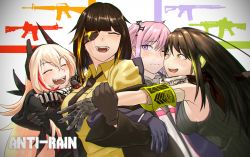 Rule 34 | 4girls, anti-rain (girls&#039; frontline), armband, black neckwear, black ribbon, blonde hair, blue eyes, blush, braid, breasts, brown eyes, brown hair, camouflage gloves, cheek-to-cheek, closed mouth, collared shirt, dress, eyepatch, fangs, girls&#039; frontline, gloves, group hug, hair between eyes, hair ornament, hair ribbon, half-closed eye, headgear, headphones, heads together, highres, hug, jacket, long hair, long sleeves, looking at viewer, m16, m16a1, m16a1 (girls&#039; frontline), m4 sopmod ii (girls&#039; frontline), m4a1 (girls&#039; frontline), mole, mole under eye, multicolored hair, multiple girls, necktie, off shoulder, one eye closed, one side up, open mouth, pink hair, prosthesis, prosthetic arm, red hair, ribbed sweater, ribbon, scar, scar across eye, scar on face, scarf, sd bigpie, shirt, side ponytail, sidelocks, smile, st ar-15 (girls&#039; frontline), streaked hair, sweatdrop, sweater, sweater vest, uneven eyes, yellow shirt