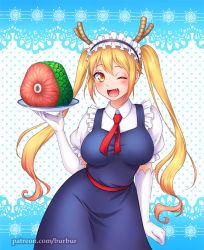 Rule 34 | 10s, 1girl, :d, blonde hair, blush, breasts, burbur, dragon girl, dragon horns, dragon tail steak, dress, fang, food, gloves, hair between eyes, horns, kobayashi-san chi no maidragon, large breasts, long hair, looking at viewer, maid, maid headdress, meat, necktie, one eye closed, open mouth, orange eyes, plate, raw meat, red eyes, slit pupils, smile, solo, tohru (maidragon), twintails, white gloves, yellow eyes