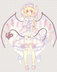 Rule 34 | 1girl, alternate color, alternate costume, arm garter, blonde hair, blush, bow, bowtie, bridal garter, bright pupils, buttons, collar, cross-laced clothes, doily, dotted background, dress, dress bow, flandre scarlet, frilled collar, frilled dress, frilled sleeves, frills, full body, grey background, hair bow, hair ribbon, hairband, heart, heart-shaped pupils, heart print, highres, holding, holding tail, holding weapon, juliet sleeves, lace, lace background, laevatein, laevatein (tail), lolita fashion, lolita hairband, long sleeves, looking at viewer, nikorashi-ka, one side up, open collar, parted lips, pink bow, pink dress, pink eyes, pink footwear, pink ribbon, pointy ears, puffy sleeves, ribbon, short hair with long locks, sidelocks, solo, standing, striped clothes, striped dress, sweet lolita, symbol-shaped pupils, tail, tail bow, tail ornament, thigh strap, touhou, triangle mouth, two-tone bow, two-tone dress, vertical-striped clothes, vertical-striped dress, weapon, white bow, white bowtie, white dress, white pupils, wings