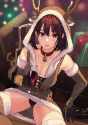 Rule 34 | 1girl, absurdres, animal costume, animal ears, animal hood, antlers, armchair, bell, belt, belt collar, black gloves, blurry, blurry background, boots, bottle, breasts, brown belt, brown hair, chair, christmas present, cleavage, collar, cowbell, cup, depth of field, drinking glass, fake animal ears, fake antlers, gift, gloves, highres, holding, holding cup, hood, hood up, horns, indian style, kagematsuri, large breasts, looking at viewer, medium hair, neck bell, original, panties, pantyshot, parted lips, purple panties, red eyes, reindeer costume, reindeer hood, sitting, smile, solo, spread legs, thigh boots, thighhighs, underwear, wine bottle, wine glass