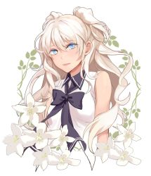 Rule 34 | 1girl, :d, bad id, bad pixiv id, black bow, blue eyes, bow, bowtie, cropped torso, dark-skinned female, dark skin, ddaomphyo, floating hair, flower, hair between eyes, lily (flower), long hair, looking at viewer, open mouth, original, shirt, silver hair, sleeveless, sleeveless shirt, smile, solo, two side up, upper body, very long hair, white background, white flower, white shirt