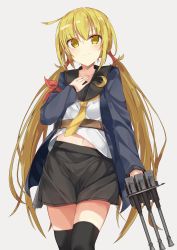 Rule 34 | 10s, 1girl, armband, black thighhighs, blonde hair, crescent pin, gun, hand on own chest, highres, holding, holding gun, holding weapon, jacket, kantai collection, long hair, long sleeves, looking at viewer, low twintails, monobe tsukuri, navel, satsuki (kancolle), satsuki kai ni (kancolle), school uniform, serafuku, simple background, skirt, smile, solo, thighhighs, twintails, weapon, yellow eyes, zettai ryouiki