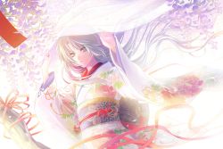 Rule 34 | 1girl, bell, floral print, flower, green eyes, hands up, japanese clothes, jingle bell, kimono, long hair, long sleeves, looking at viewer, obi, original, parted bangs, parted lips, petals, red ribbon, ribbon, sash, satochi (1122), see-through, silver hair, solo, standing, veil, very long hair, wide sleeves, wind, wisteria