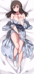 Rule 34 | 1girl, absurdres, bare legs, bare shoulders, between legs, black hair, breasts, cleavage, collarbone, commentary request, floral print, fujiwara hajime, full body, hair between eyes, hand between legs, highres, idolmaster, idolmaster cinderella girls, japanese clothes, kimono, kimono pull, large breasts, looking at viewer, lying, naked kimono, on back, pizzasi, print kimono, sash, solo, sweatdrop, tabi, thighs