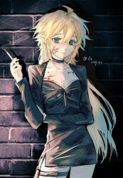 1girl absurdres against_wall ahoge alternate_costume aotu_world artist_name black_choker black_dress blonde_hair blood blood_on_face blue_eyes breasts brick_wall choker cigarette cleavage collarbone cowboy_shot dated dress genderswap genderswap_(mtf) hair_between_eyes highres holding holding_cigarette king_(aotu_world) long_hair long_sleeves looking_at_viewer medium_breasts parted_lips plutoray pointy_ears short_dress smoke smoking solo tattoo thigh_strap very_long_hair