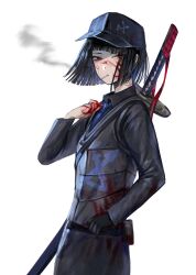Rule 34 | 1girl, absurdres, baseball cap, black gloves, black hat, black pants, black shirt, black vest, blood, blood on clothes, blood on face, blood on hands, blue necktie, cigarette, collared shirt, gloves, hat, highres, katana, limbus company, long sleeves, looking to the side, na-gyou (nunumaru), necktie, pants, project moon, red eyes, ryoshu (project moon), sheath, sheathed, shirt, single glove, smoke, solo, sword, vest, weapon