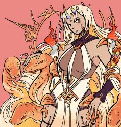 Rule 34 | 1girl, blonde hair, breasts, fire emblem, fire emblem heroes, gullveig (fire emblem), gullveig (seer beyond time) (fire emblem), highres, long hair, medium breasts, multicolored hair, nintendo, oni horn, orange hair, painted dux, solo, tagme, thigh strap, wide hips
