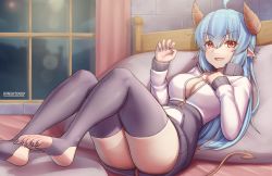 Rule 34 | 1girl, absurdres, ahoge, artist name, bad id, bad pixiv id, bed, blue hair, blush, breasts, crossed bangs, demon girl, demon horns, demon tail, fang, grey nails, hand on own chest, highres, horns, hungrydurp, indoors, jacket, large breasts, long hair, long sleeves, looking at viewer, lying, nail polish, on back, on bed, original, parted lips, partially unzipped, pointy ears, purple thighhighs, red eyes, skin fang, smile, solo, tail, thighhighs, thighs, window