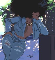 Rule 34 | 1girl, absurdres, afro, artist name, black hair, breasts, breasts apart, dark-skinned female, dark skin, denim, feet out of frame, hair over eyes, hand on own hip, highres, jewelry, leaf, long hair, medium breasts, mole, mole on stomach, necklace, no bra, original, pants, parted lips, plant, shadow, solo, torn clothes, torn pants, viv (whoopsatro), whoopsatro